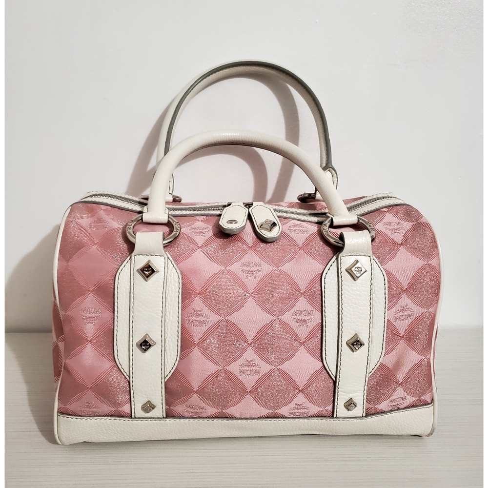 RARE MCM Pink & White Canvas Leather Studded Logo Motifs Medium Boston B…